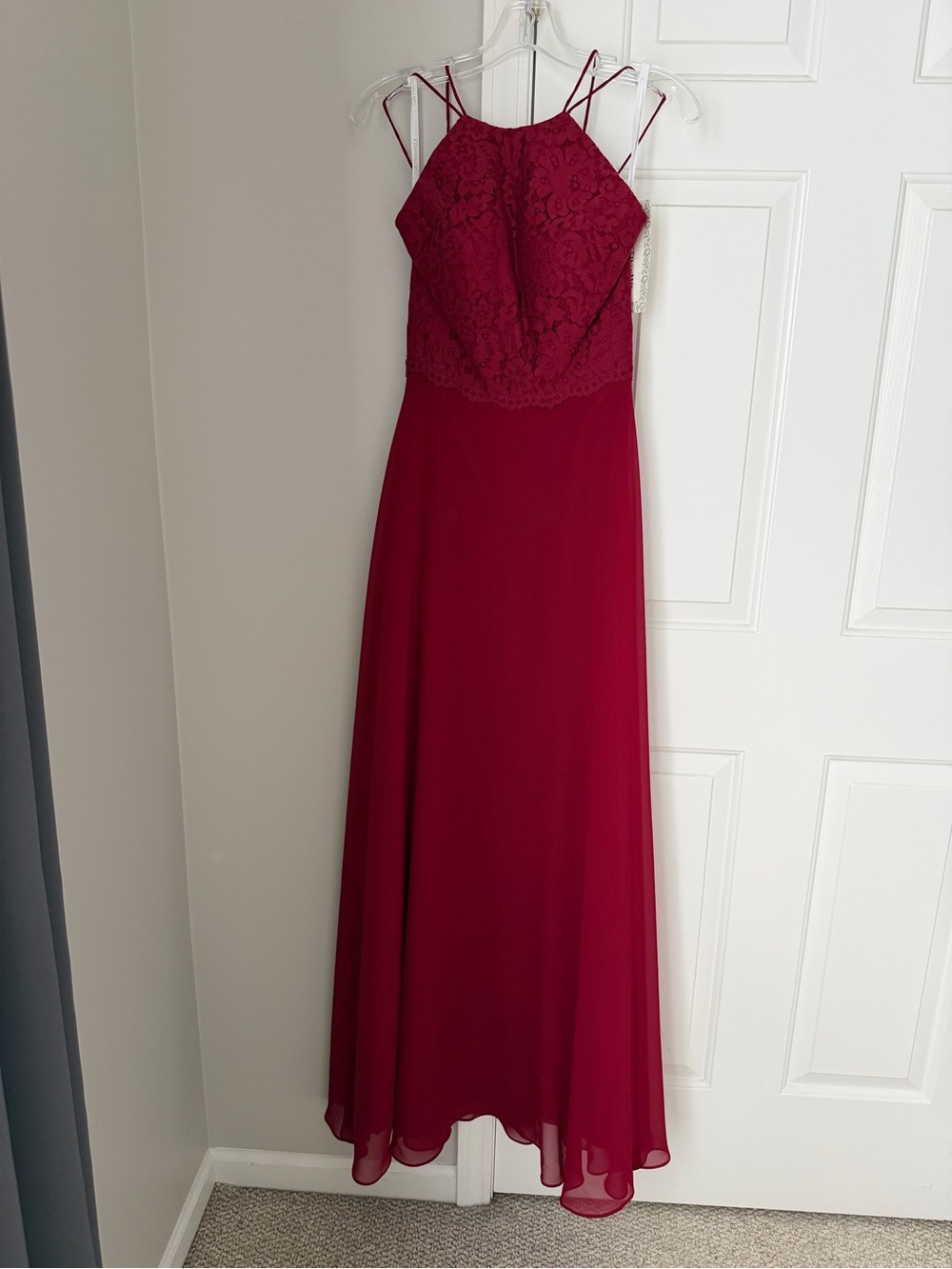 Christina Wu Elegant Burgundy Lace Halter Maxi Dress NWT